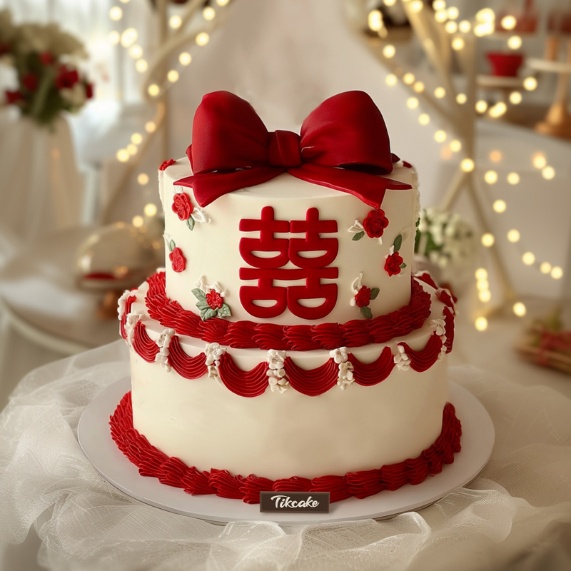 原创双层婚庆主题翻糖鲜奶蛋糕